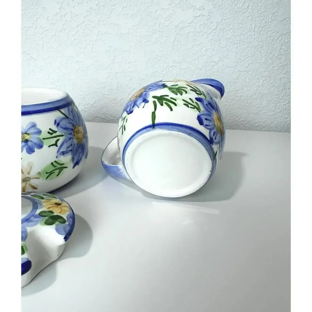 VTG Ceramic Sugar Bowl & Creamer Floral Pattern White Blue & Yellow Italy Made